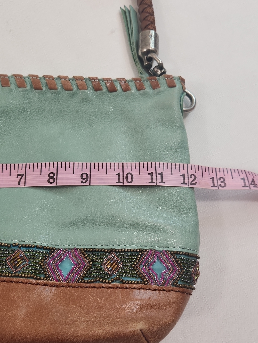 The Sak Indio Leather Shoulder Bag. Green Brown. Braided Strap. - Picture 8 of 9